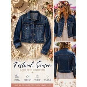 Cropped Denim Jacket Womens Medium Wash‎ Western Cowgirl Rodeo Ranch Festival